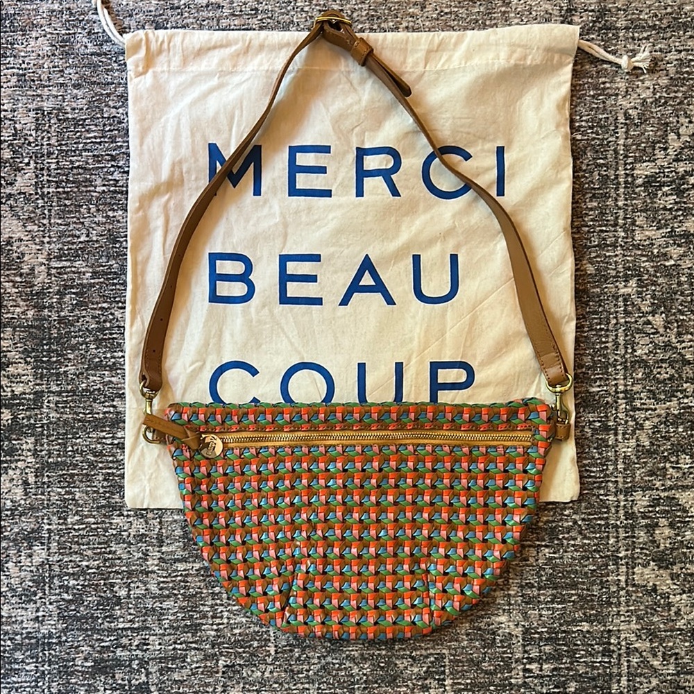 Super Rare Clare V le grande fanny purse crossbody multi rattan leather gold